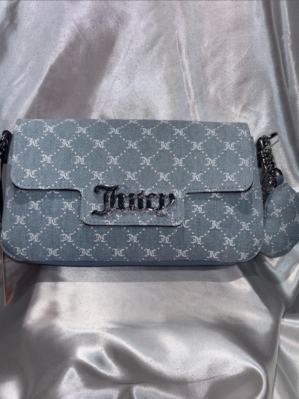 Juicy Couture Light Blue Monogram Chain Shoulder Bag